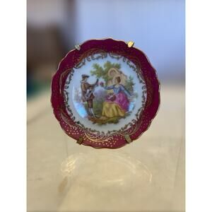 VTG Limoges Castel France Porcelain Plate Courting Couple, Gilded Burgundy Stand